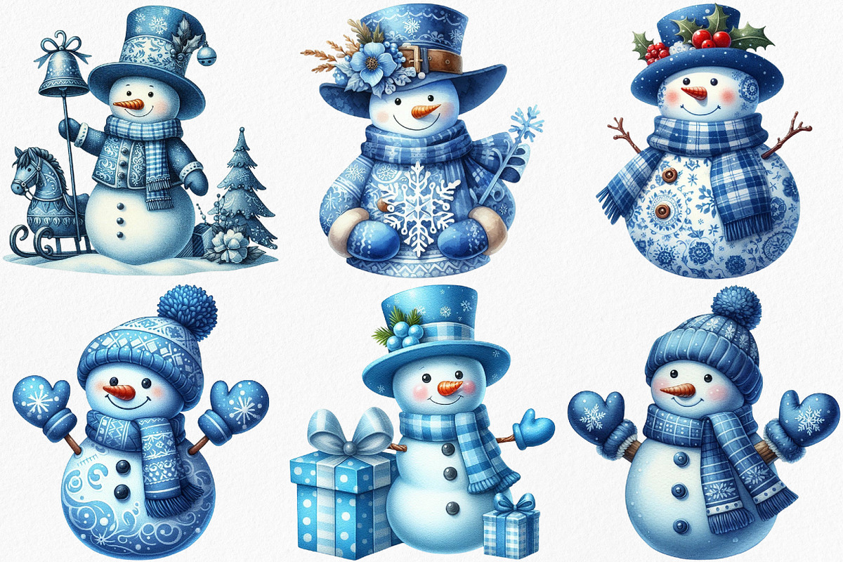 Christmas Blue Toile Snowman Clipart, an Illustration by Canvas Craft (Photo 3 of 8)