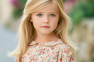 Young blonde girl with blue eyes wearing a floral dress, portray, a Person Photo by Studio ANNA