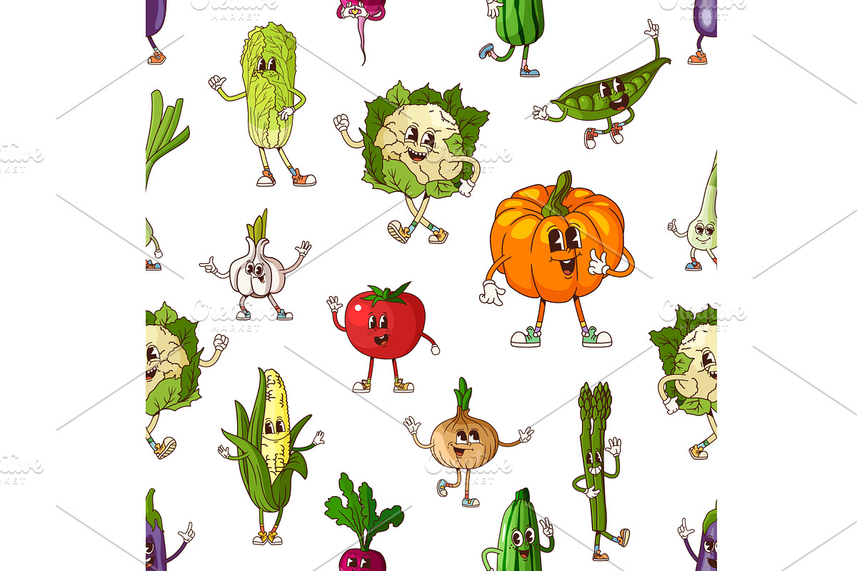 Groovy vegetables seamless pattern, a Food Illustration by Vector Tradition