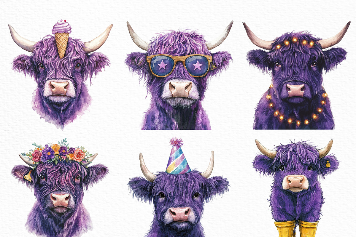 Purple Highland Cow Clipart, an Illustration by Craft Nest (Photo 2 of 6)
