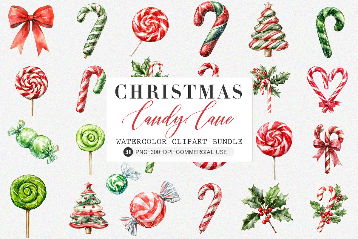 Watercolor Candy Cane Clipart, an Illustration by SinaCreation (Photo 1 of 5)