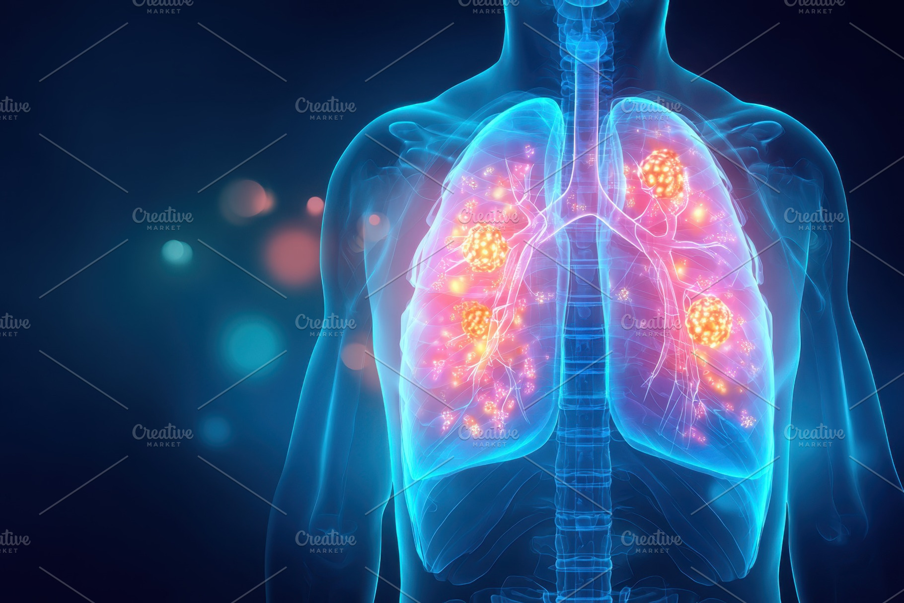 Digital illustration of human lungs with infection highlights, a Health & Medical Photo by AlyaAnd