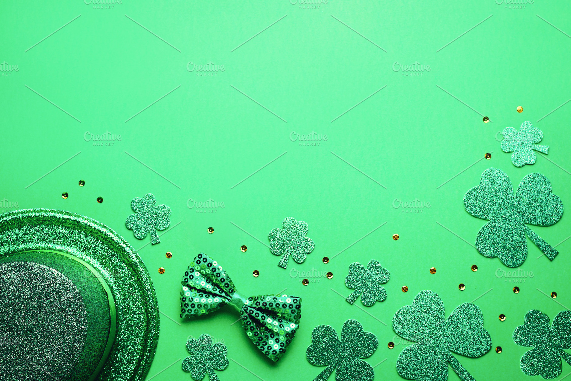 Happy Saint Patrick's Day greeting card with traditional symbols, shamrock, gre, a Holiday Photo by Maria Shipakina