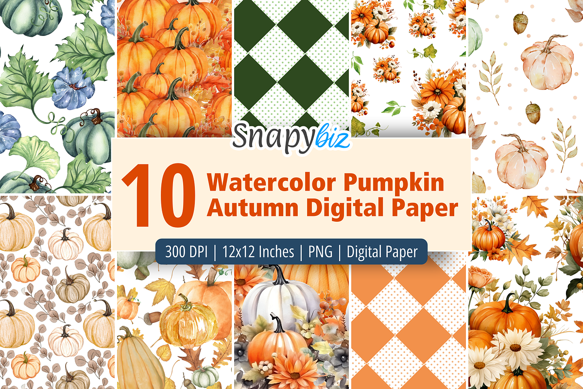 Watercolor Pumpkinp Digital Paper, a Pattern Graphic by Snapybiz (Photo 1 of 5)