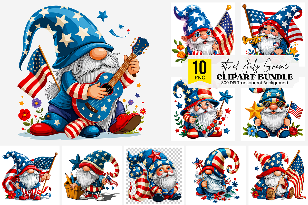 4th of July Gnome Clipart Png Bundle, an Illustration by Clipart Bloom (Photo 1 of 11)