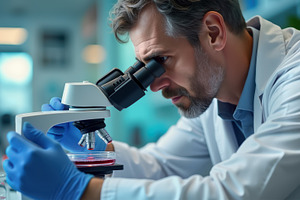 Scientist examining sample with micr, a Health & Medical Photo by angellodeco