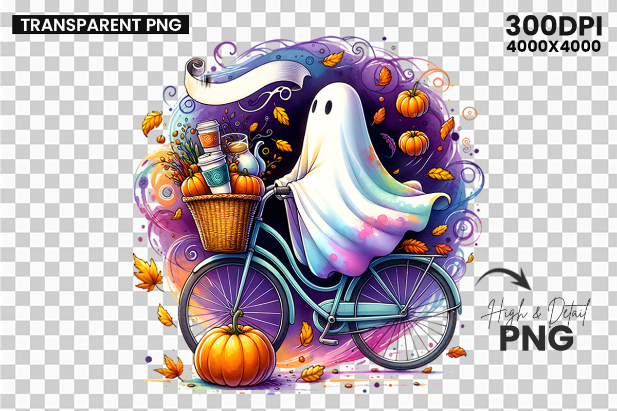 Hello Fall Ghost Bicycle Pumpkin PNG, a Seasonal Illustration by Creative Arslan (Photo 3 of 3)