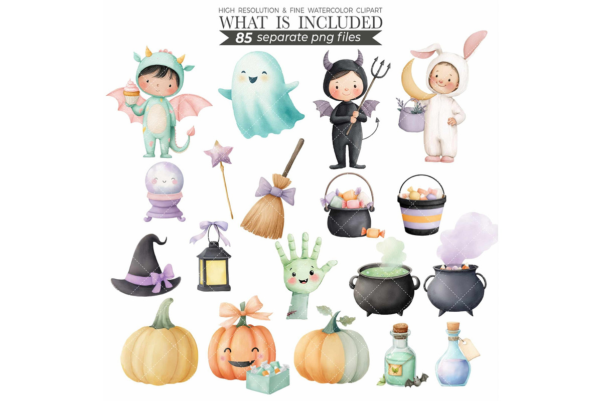 Watercolor Cute Halloween Clipart, an Illustration by CharmClipart (Photo 3 of 9)