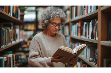 Woman Reading in Bookstore Aisle