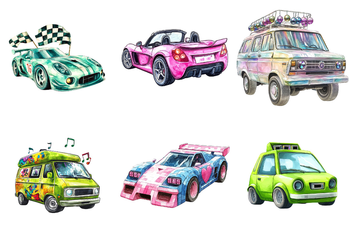 90s Retro Colorful Car Clipart Bundl, an Illustration by Watercolor design (Photo 2 of 5)