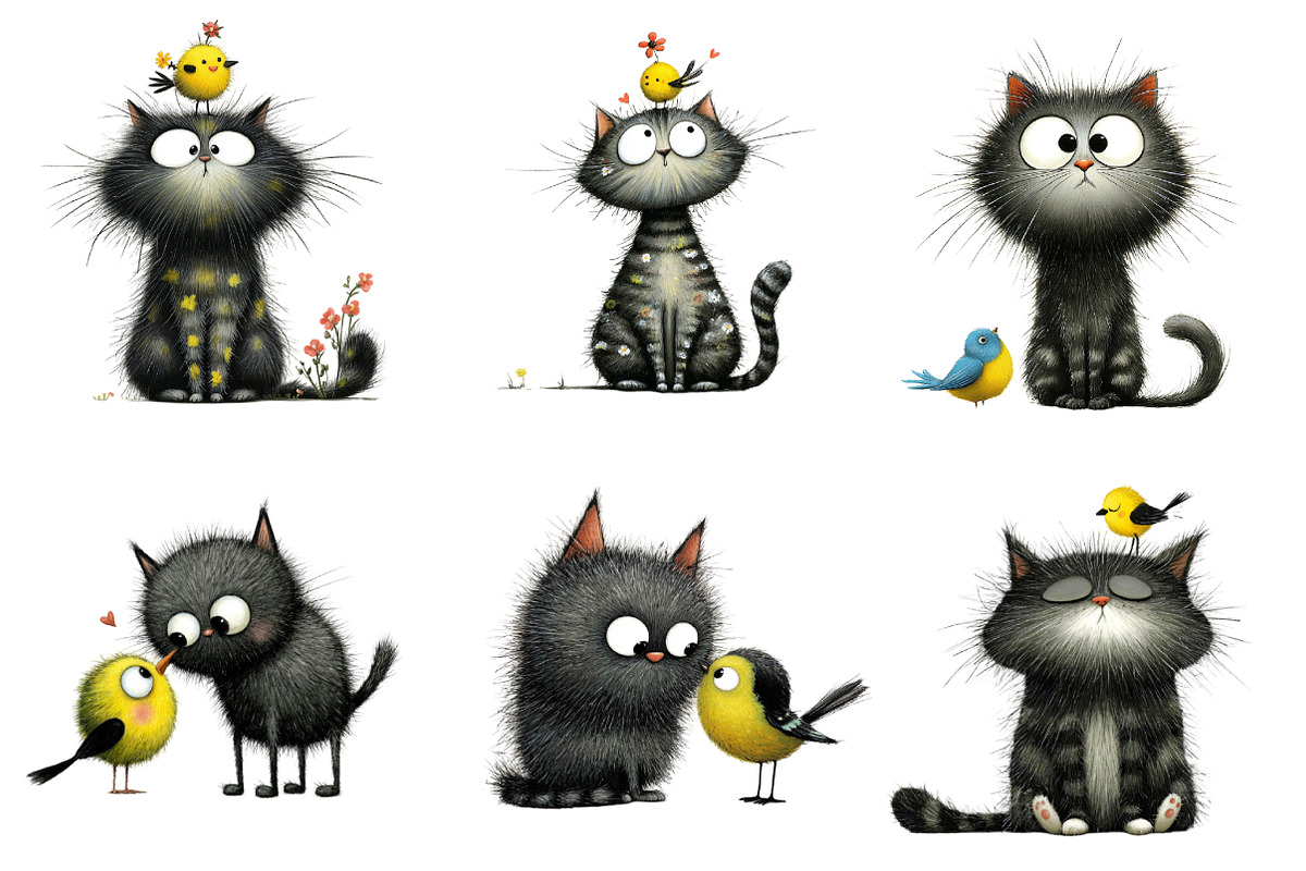 Quirky Cat and bird Clip-Art, an Illustration by CreationArt (Photo 2 of 5)