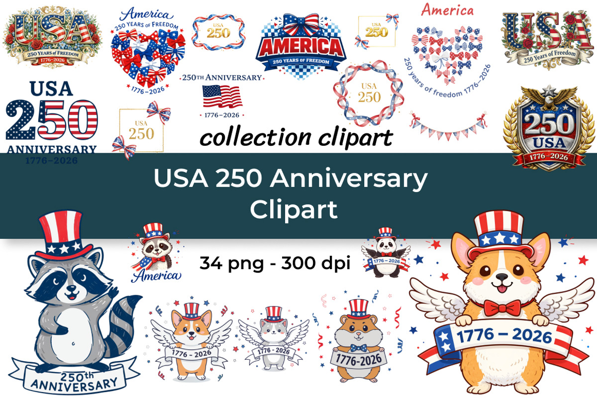USA 250 Anniversary Clipart, a Seasonal Illustration by InkyQueenArt (Photo 1 of 6)