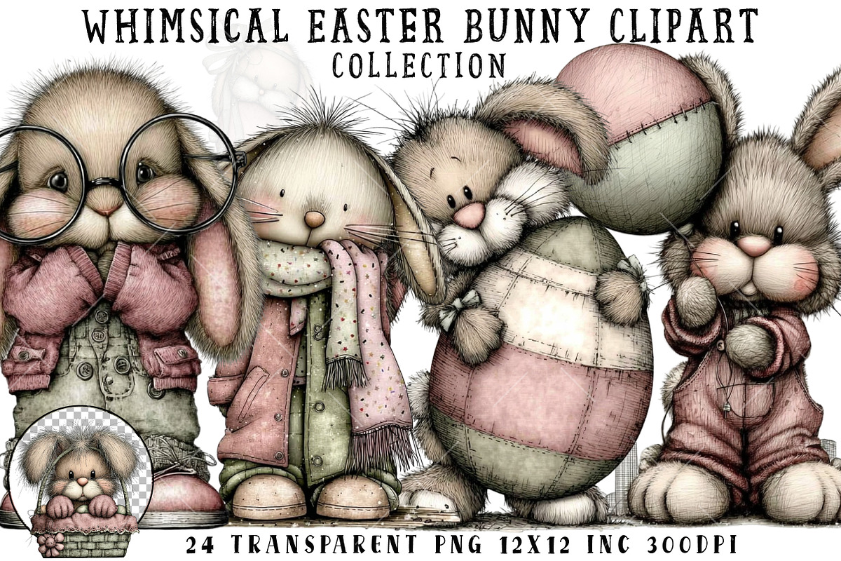 Whimsical Easter Bunny Clipart, an Illustration by OK Design (Photo 1 of 6)