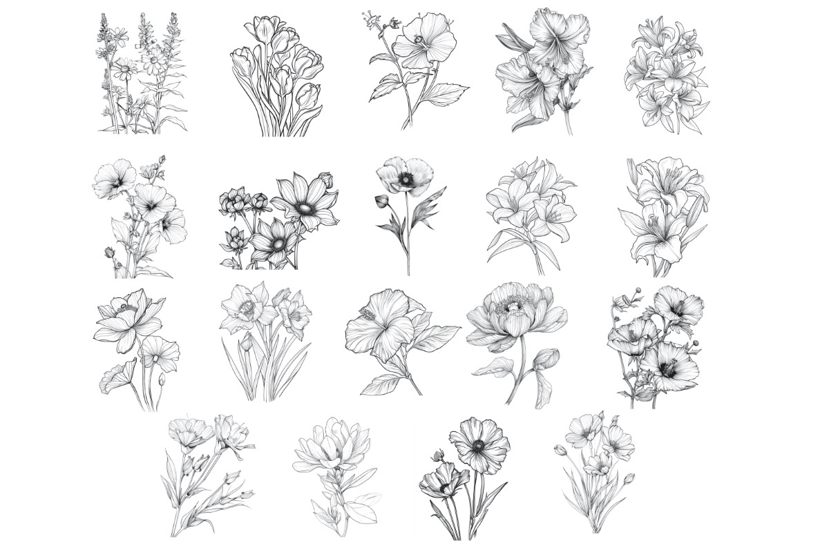 Floral Flower Set 11 Procreate Brush, a Brush Add-On by Disasterology Ink