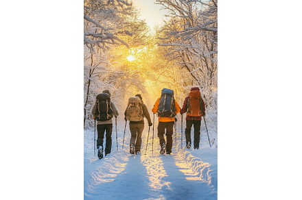 Friends hiking through snowy trail, a Nature Photo by Lermont51