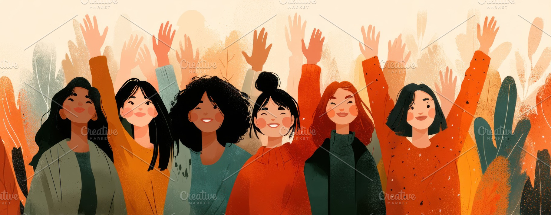 Diverse group of women smiling and raising hands together in uni, a Nature Photo by José Manuel Gelpi