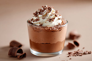 Sweet chocolate mousse with white cream and chocolate shavings, a Food & Drink Photo by AlyaAnd