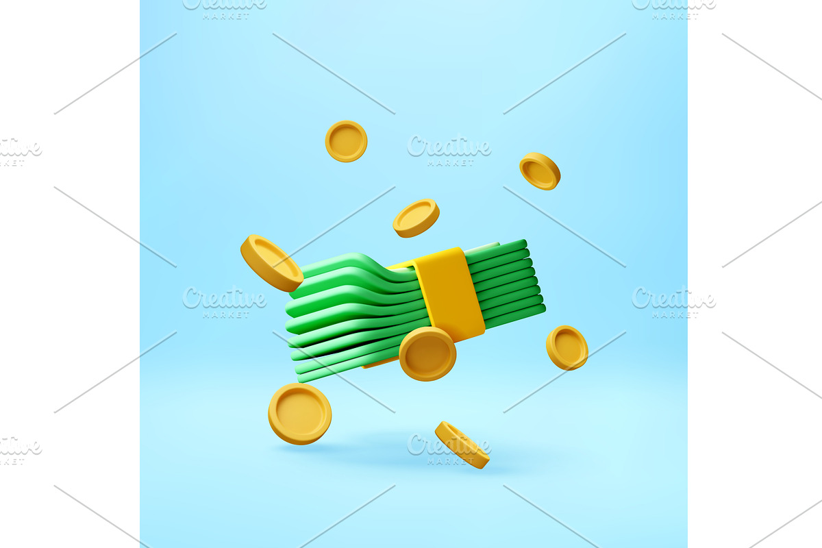 3D Green wad of cash and gold coins, a Finance Illustration by Abscent