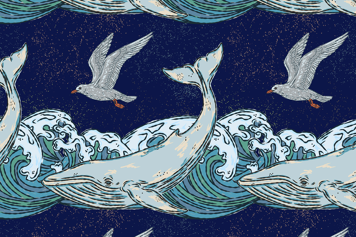 Whale, Waves, Seagull, a Pattern Graphic by NayaChu (Photo 5 of 9)