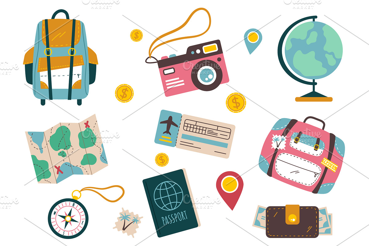 Tourist travel vacation supplies, an Object Illustration by PrettyVectors