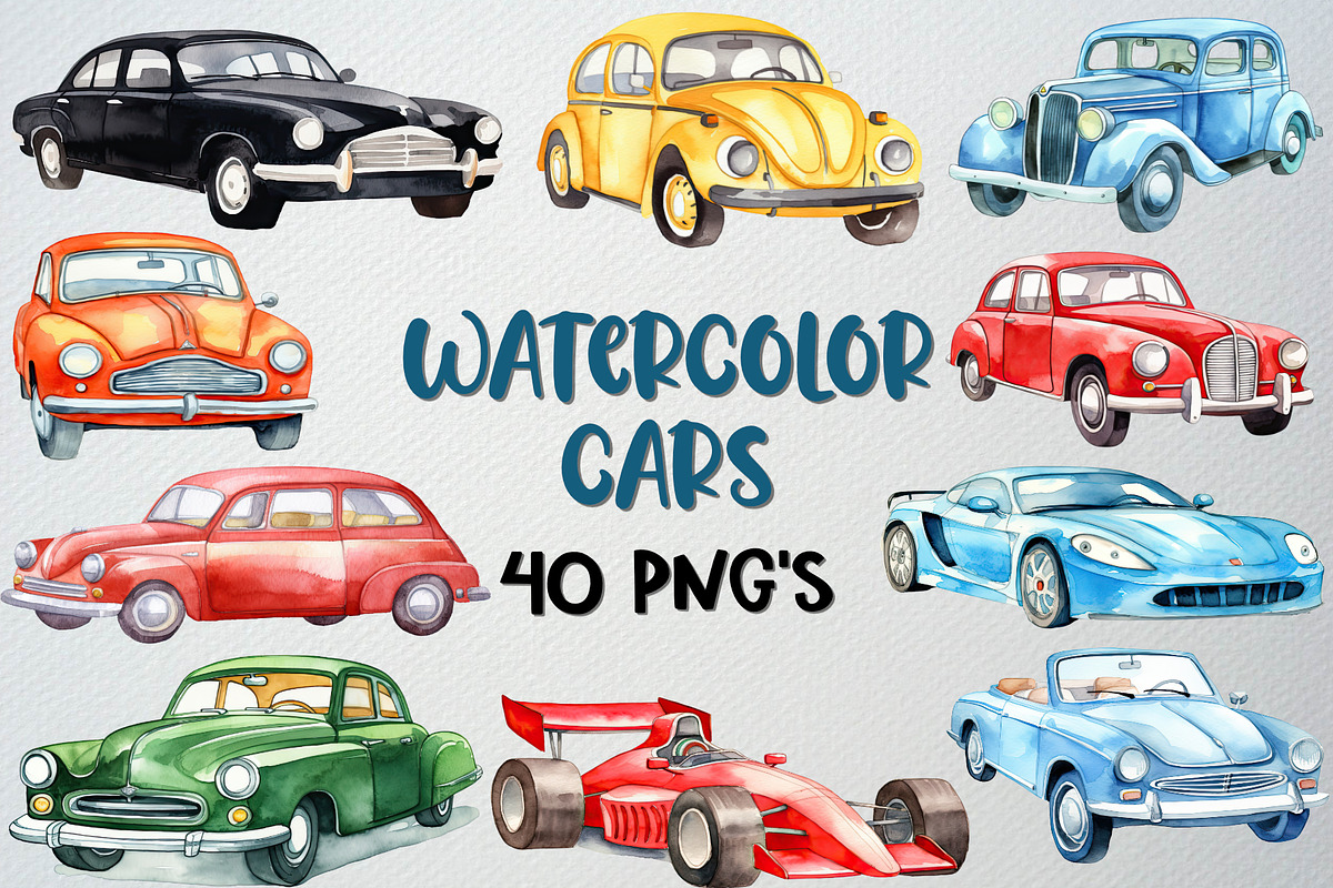 Watercolor Cars Clipart Set, 40 PNG, an Illustration by CropUp Creative (Photo 1 of 5)