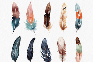 Boho Feather Watercolor Clipart PNG