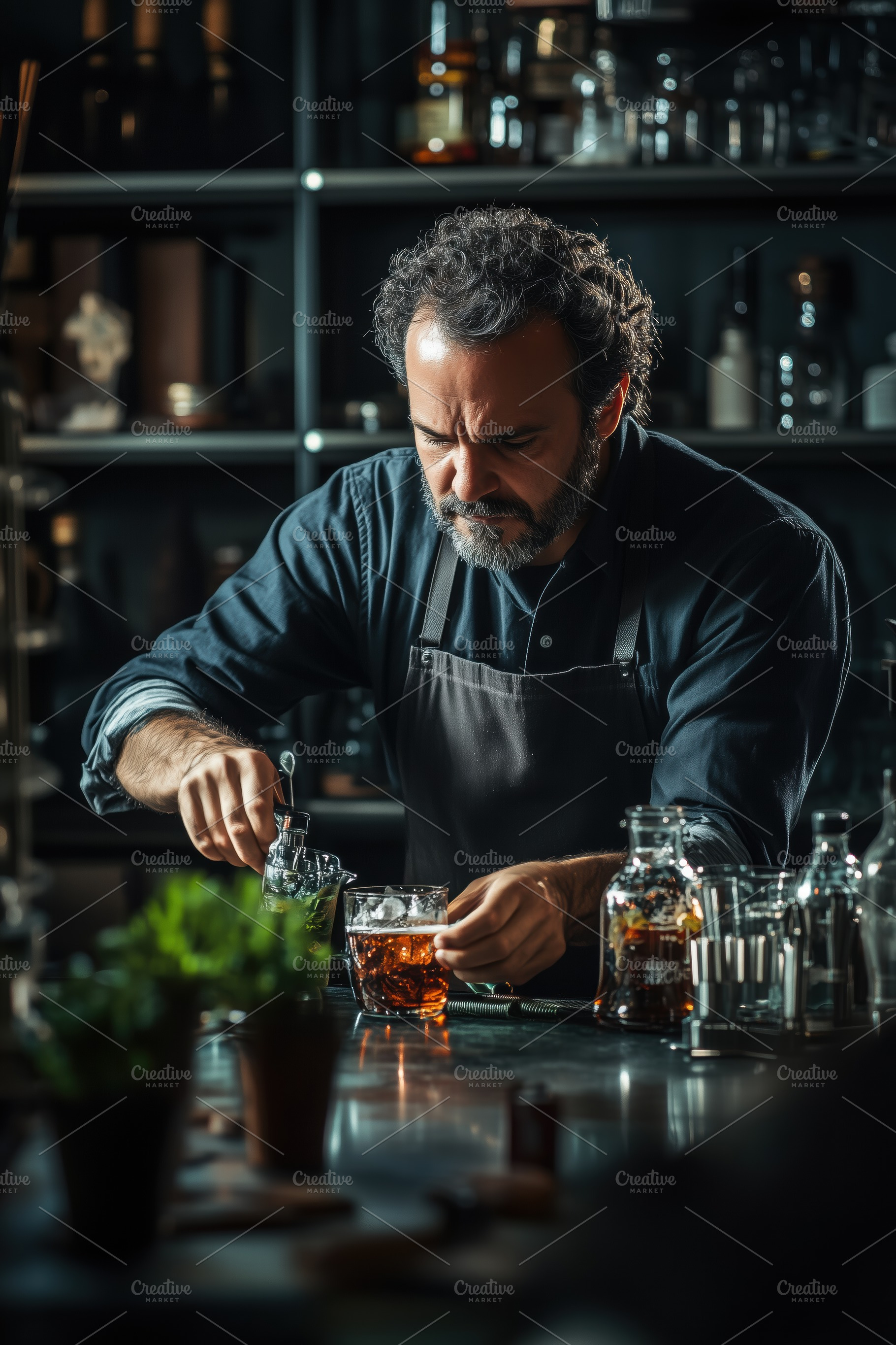 A bartender meticulously preparing a cocktail at a stylish bar, surrounded by v, a Person Photo by Textures & Backgrounds