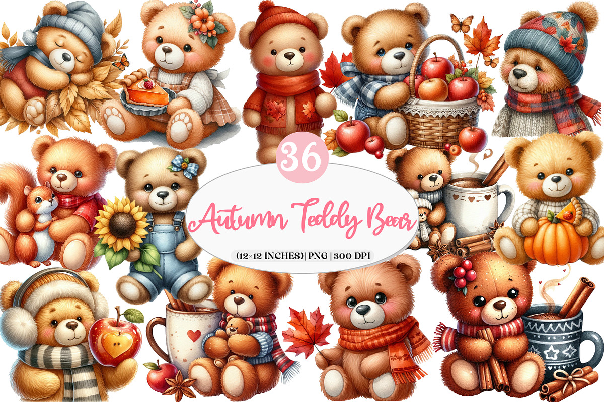 Autumn Teddy Bear Clipart, an Illustration by Watercolor design (Photo 1 of 4)
