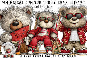 Whimsical Summer Teddy Bear Clipart, an Illustration by OK Design