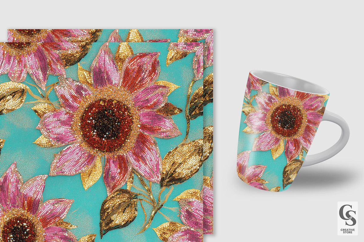 Pink Gold Glitter Sunflowers Pattern, a Pattern Graphic by Creative Store (Photo 2 of 5)