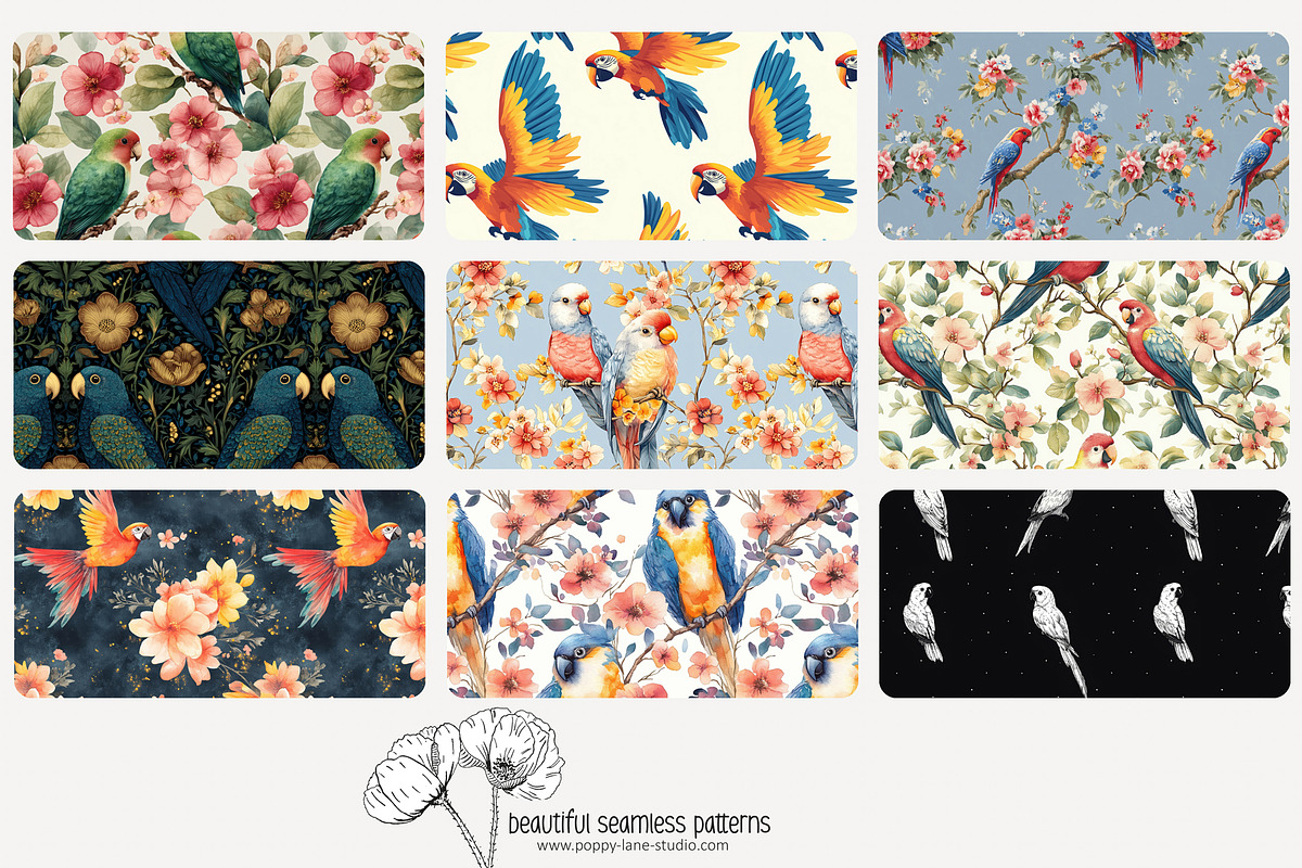 70 parrot seamless pattern, a Pattern Graphic by Poppy Lane Studio