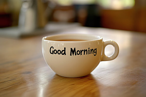 Text Good Morning written on a cup of coffee, a Background Photo by AlyaAnd