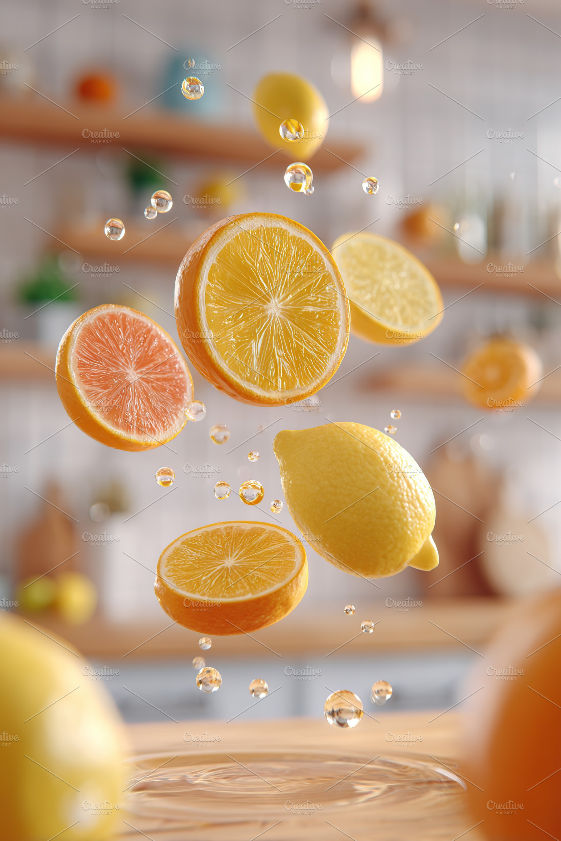 Floating citrus fruits surrounded by droplets in a bright kitchen setting, a Food & Drink Photo by AlyaAnd