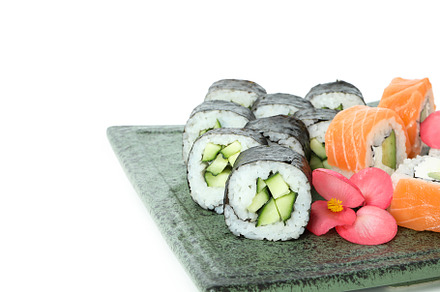 Plate with sushi set isolated on white background, a Food & Drink Photo by AtlasStudio PRO