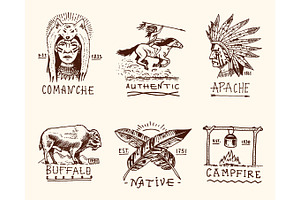 set of engraved vintage, hand drawn, old, labels or badges for indian or native american. buffalo, face with feathers, horse rider, apache or comanche, campfire and authentic., a Decorative Illustration by Arthur Balitskiy