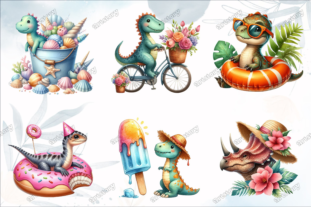 Summer Dinosaur Watercolor Clipart, a Graphic by designcity5 (Photo 3 of 5)