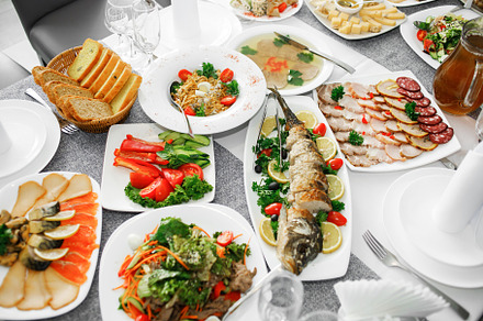 Fish dishes on the banquet table