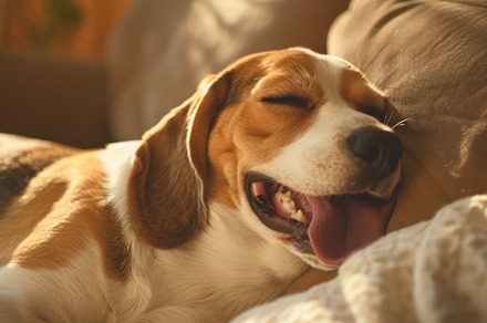 Cozy Beagle Enjoying a Relaxing Yawn on a Comfy Sofa - Generativ, an Animal Photo by José Manuel Gelpi