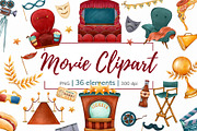 Watercolor Movie Clipart PNG Set (36, an Object Illustration by Mespilia (Thumbnail 1 of 5)