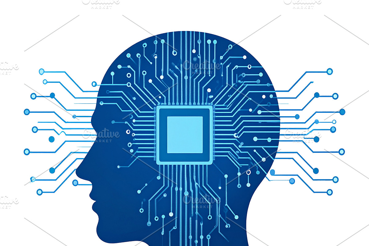 human head silhouette connected by circuit lines to a central AI, a Technology Illustration by DanFLCreativo