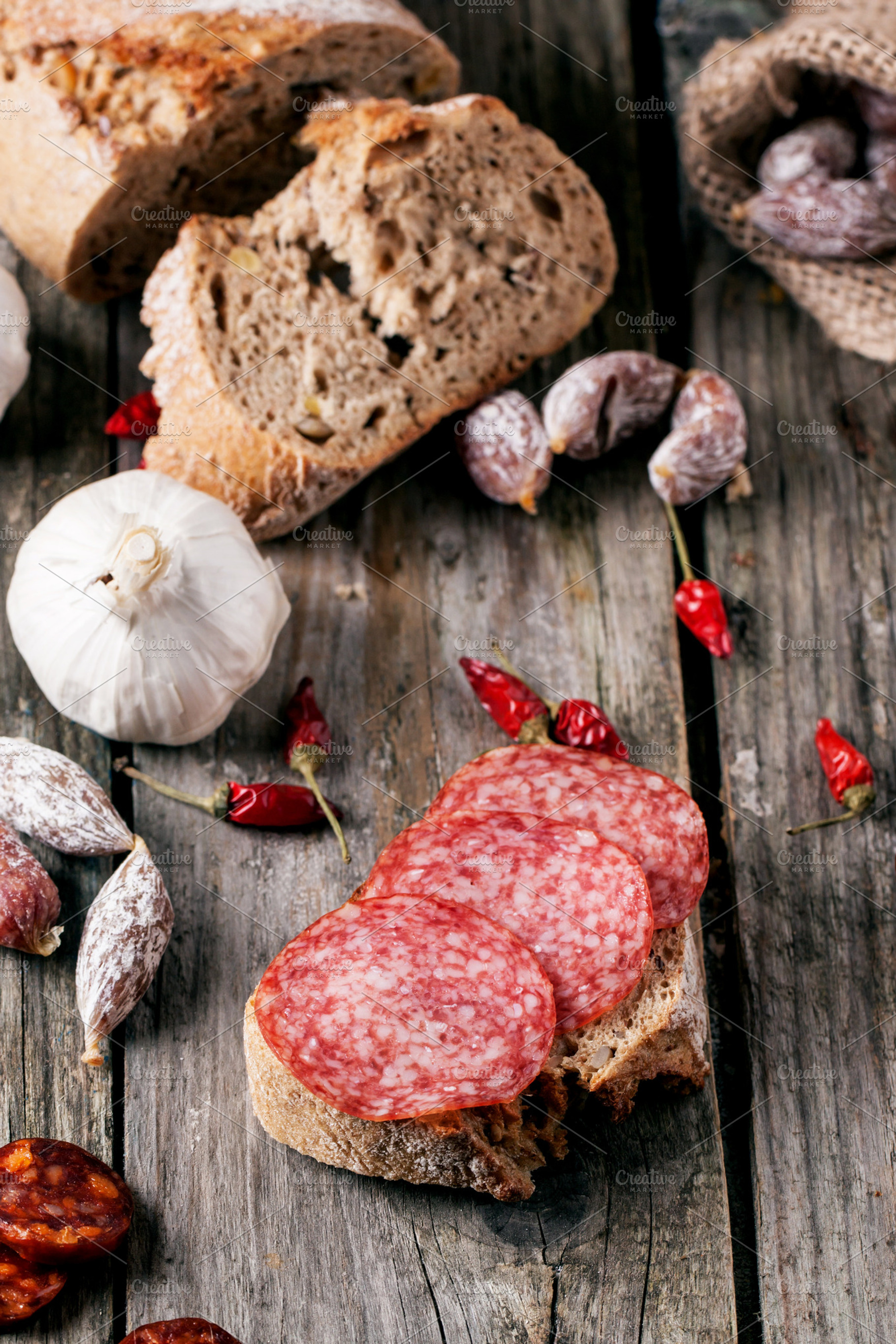 Sausage and bread featuring salami, ham, and food