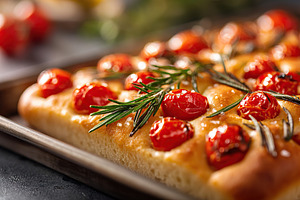 Freshly baked focaccia topped with cherry tomatoes and rosemary for a delightfu, a Food & Drink Photo by AlyaAnd