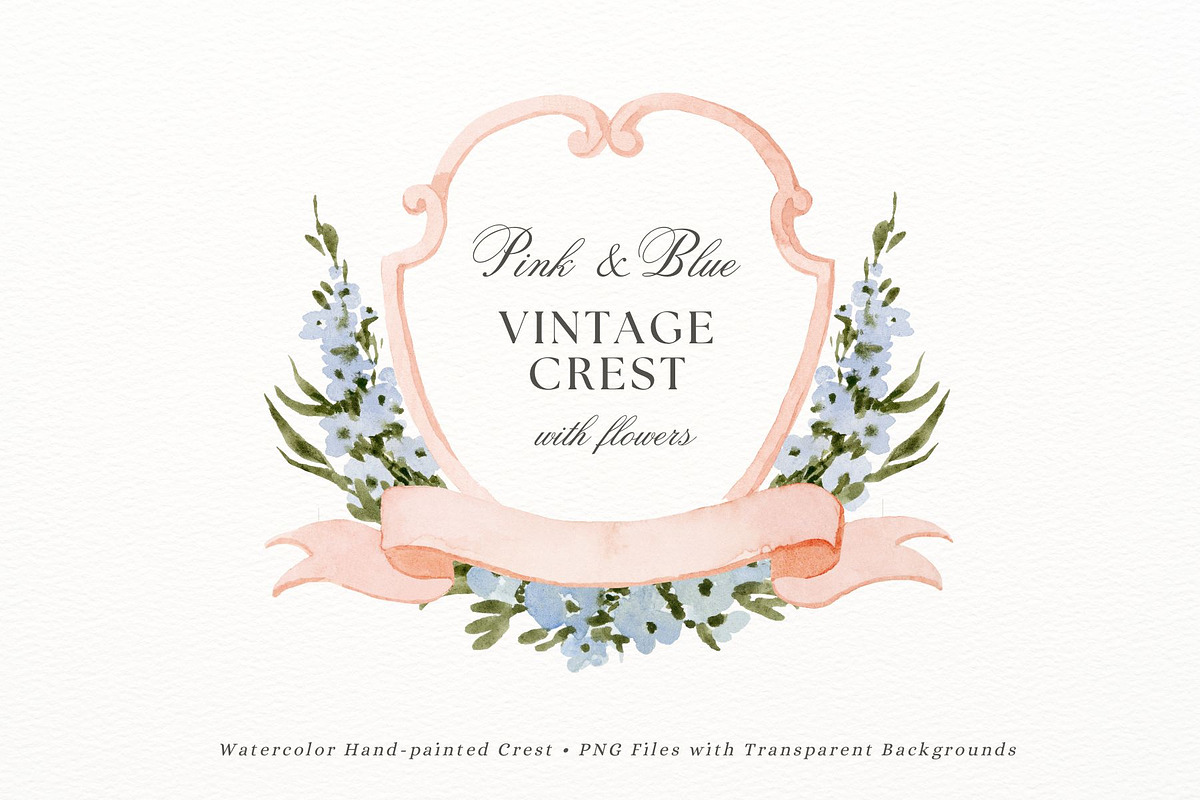 Pink Blue vintage crest with flowers, a Decorative Illustration by AnnelyBlooms (Photo 1 of 2)
