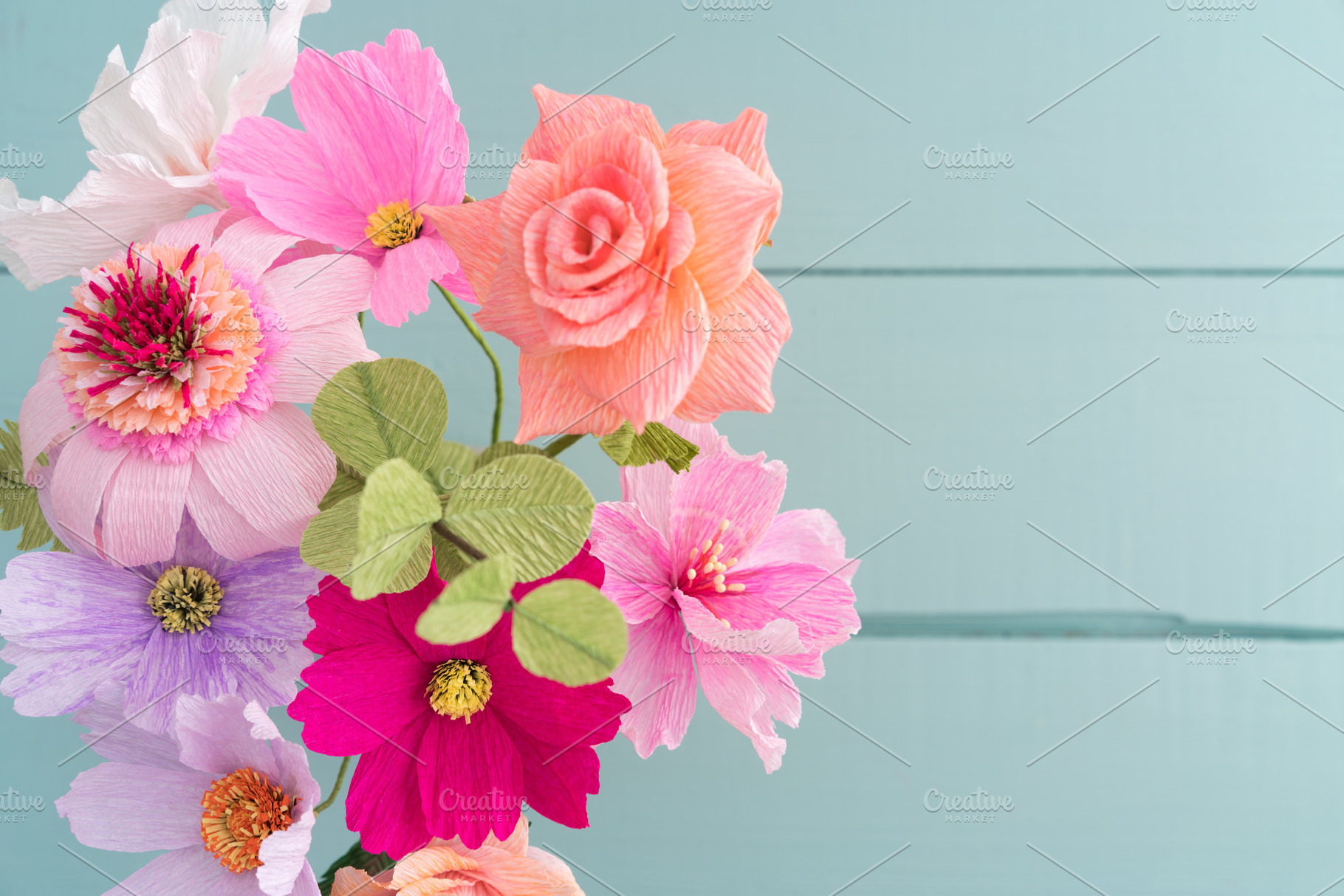 Crepe paper flower bouquet containing paper flowers, echinacea, and cosmos, a Nature Photo by Elisabeth Cölfen