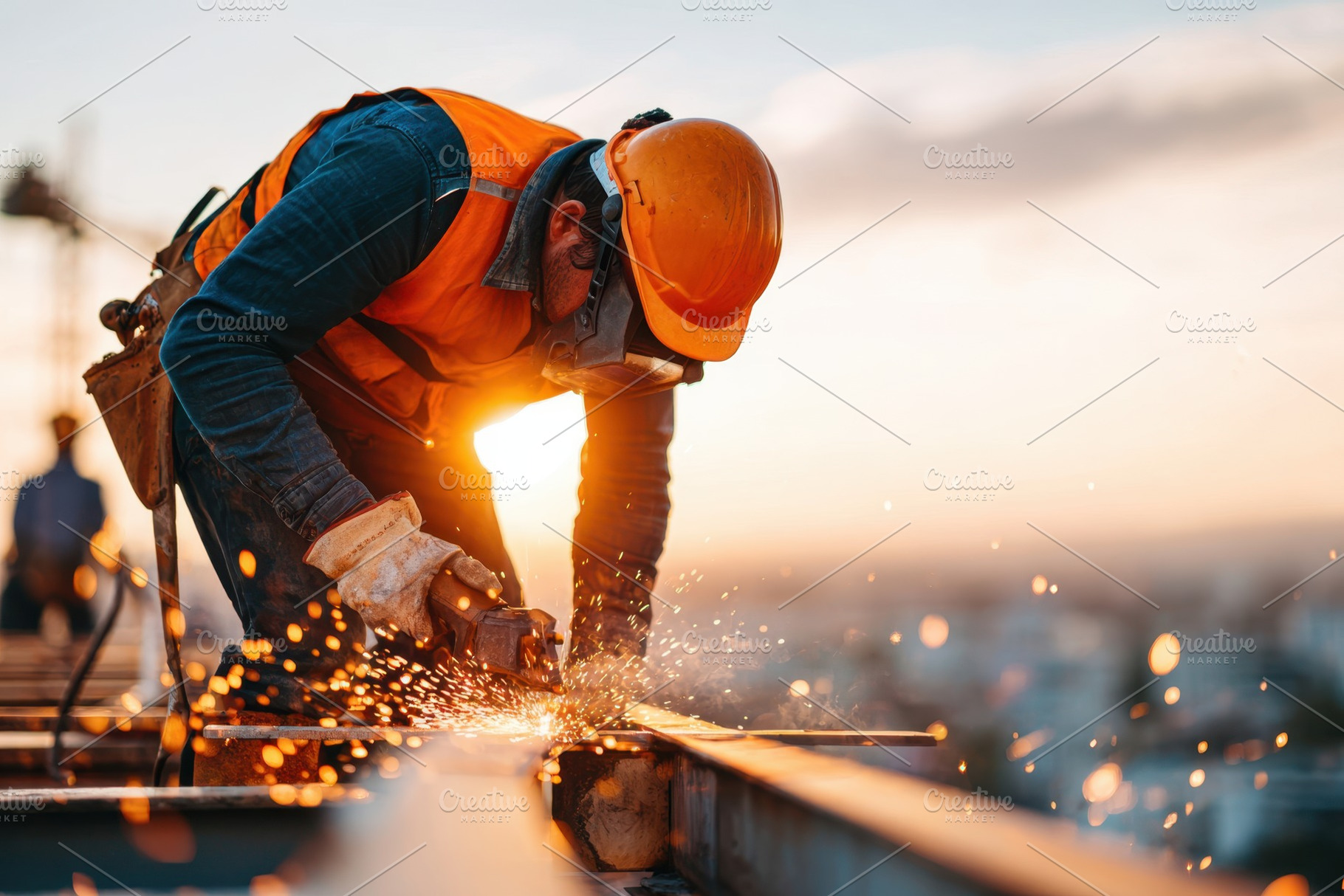 Construction Worker Grinding Metal at Sunset, an Industrial Photo by AlyaAnd