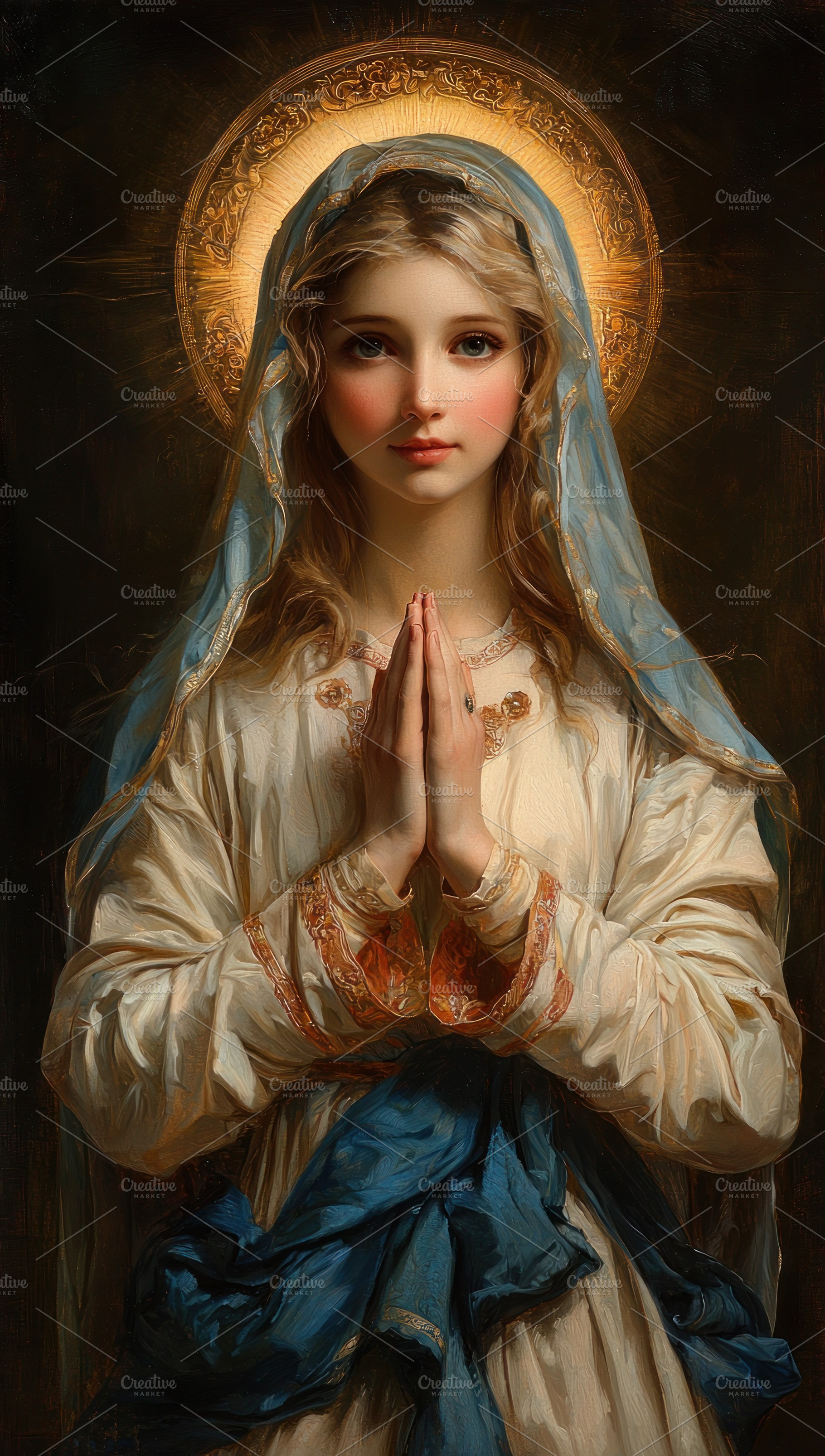 Classic religious portrait of a praying woman with a golden halo, a Holiday Photo by José Manuel Gelpi
