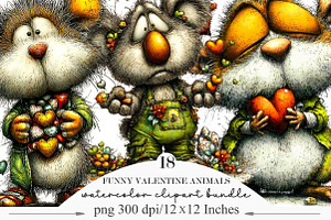 Funny Valentine Animals Clipart, an Illustration by Designking