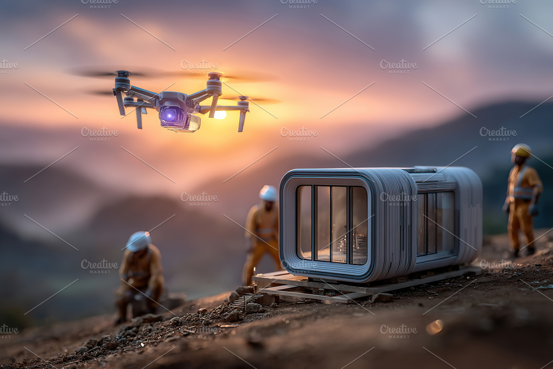 Drone surveying a construction site at sunset with miniature workers around a m, a Photo by AlyaAnd