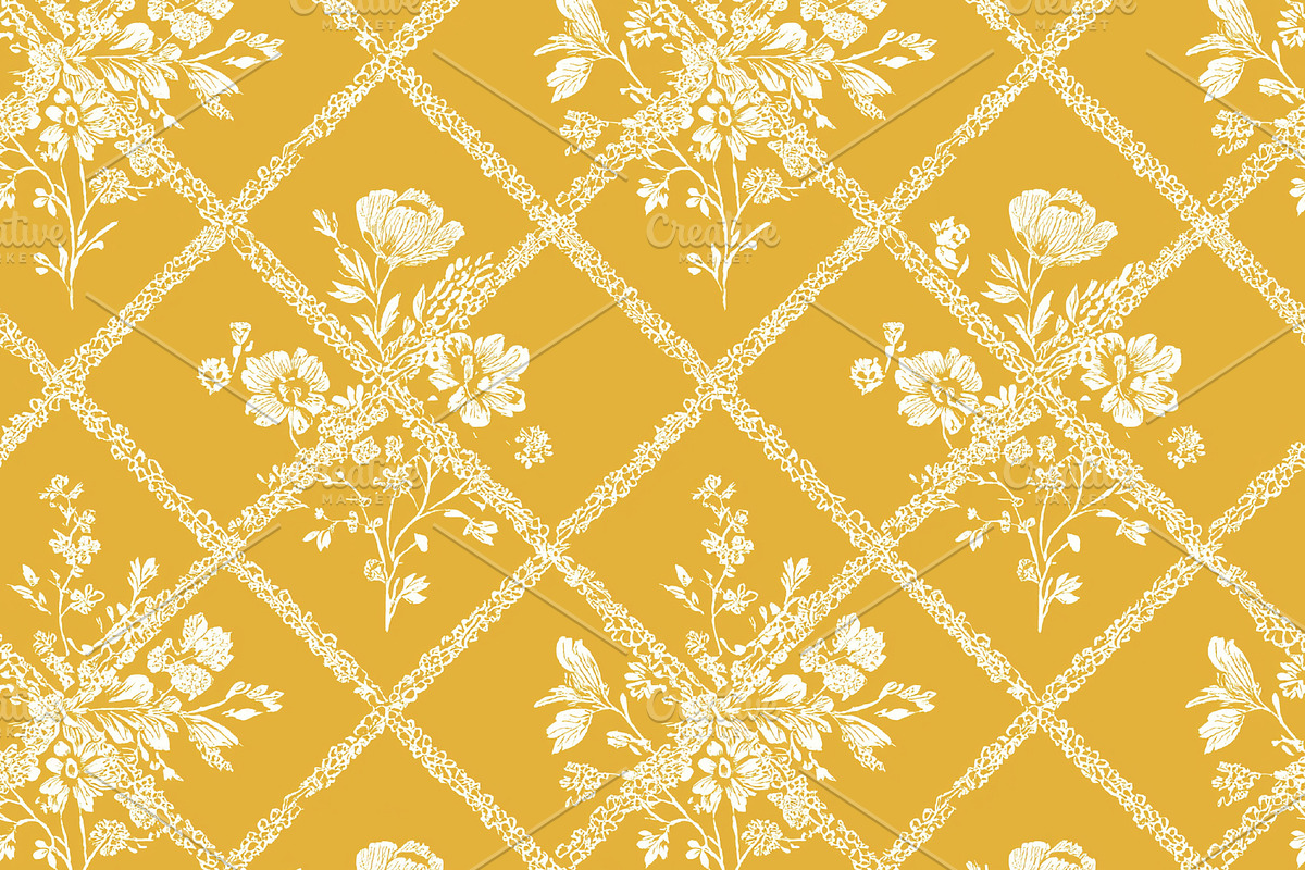Seamless pattern. Vintage floral pattern featuring white flower bouquets on yel, a Pattern Graphic by Studio ANNA