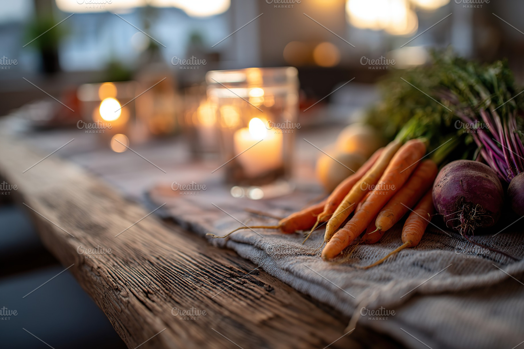 Rustic wooden table set for dinner featuring fresh vegetables and candlelight a, a Food & Drink Photo by AlyaAnd